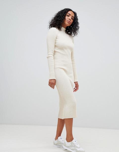 Asos Design Midi Dress In Ribbed Knit-beige