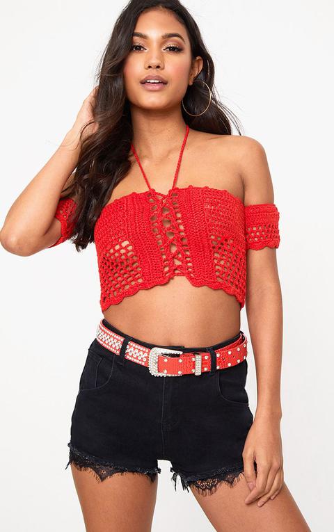 Red Bardot Crochet Tie Top