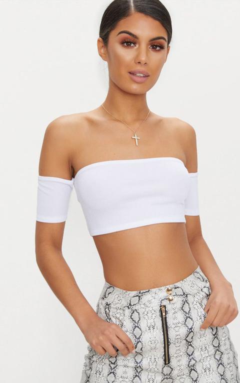 White Crepe Bardot Sleeve Detail Crop Top