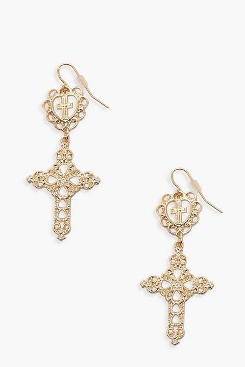 Womens Heart & Cross Drop Statement Earrings - Metallics - One Size, Metallics