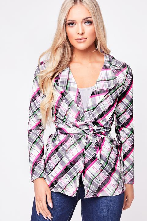 Skyla Pink Check Belted Blazer