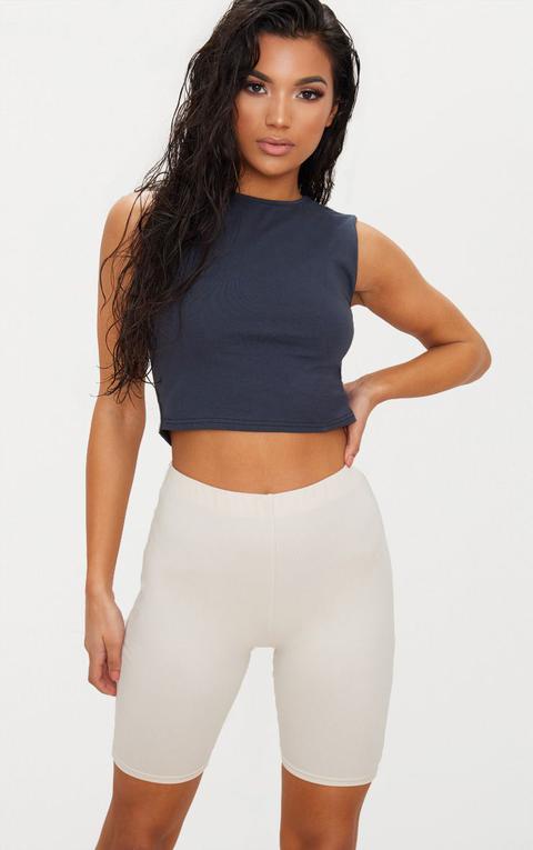 Charcoal Blue Cotton Stretch Crew Neck Crop Top
