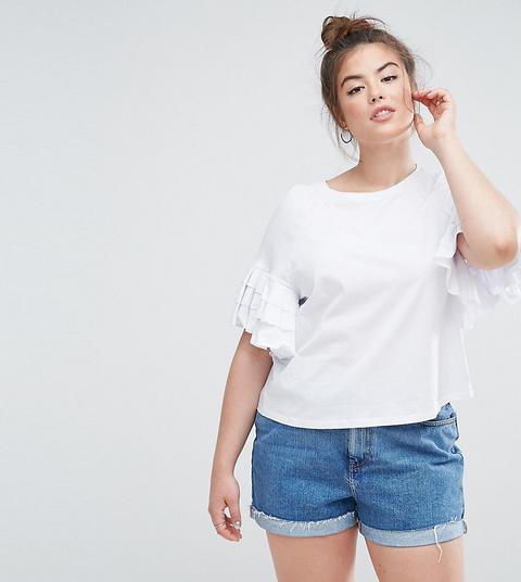 Asos Curve - T-shirt Corta Con Maniche Con Volant - Bianco