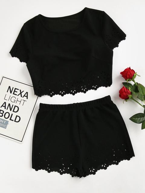 Scallop Laser Cut Crop Top With Shorts