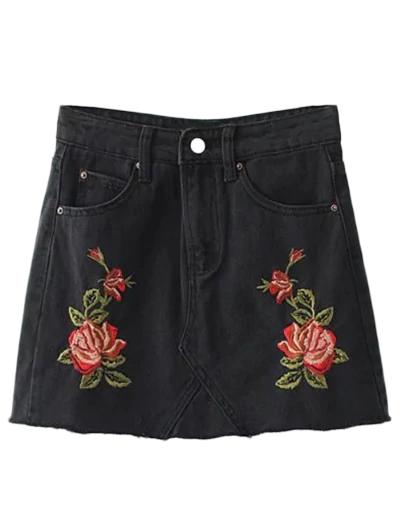 Cutoffs Rose Embroidered Denim Skirt