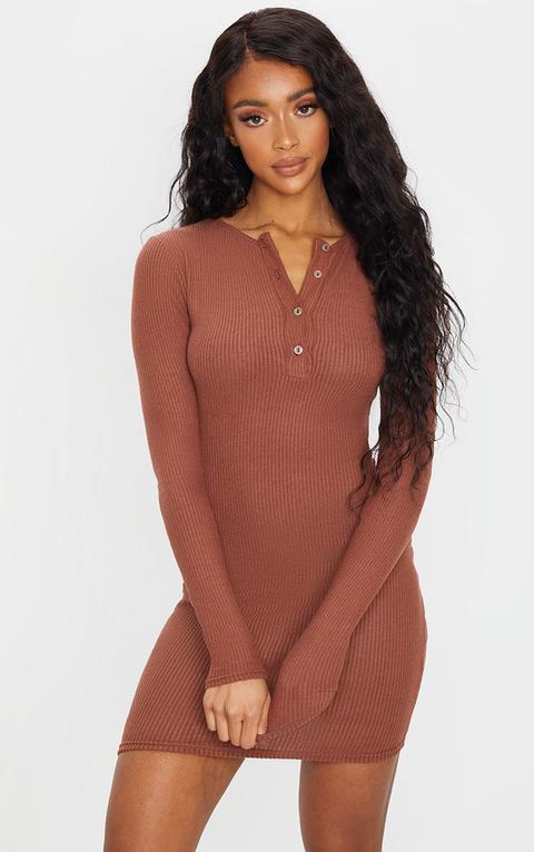 Chocolate Brushed Rib Long Sleeve Bodycon Dress