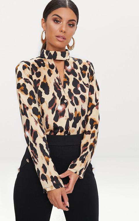 Tan Silky Leopard Print Choker Detail Blouse, Brown