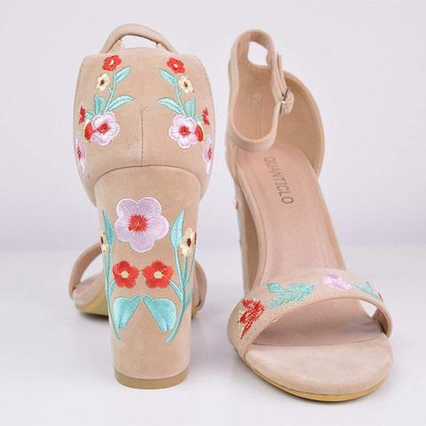 Annie - Nude Flower Embroidered Heeled Sandals