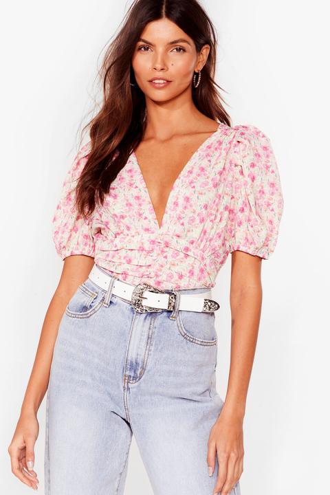 Womens Floral V Neck Puff Sleeve Blouse
