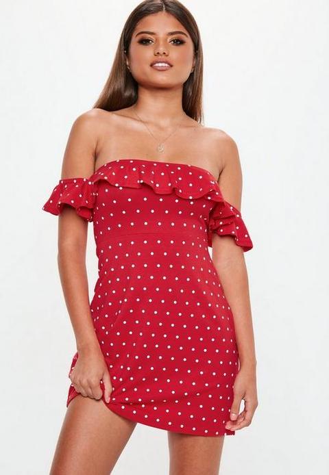 Red Polka Dot Bardot Frill Dress, Red