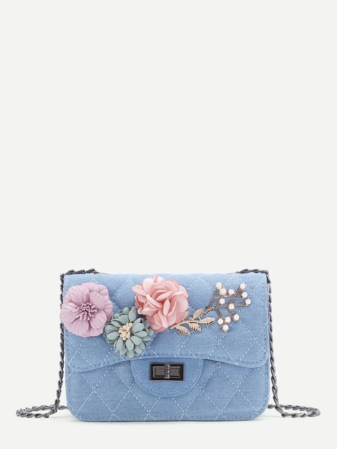 Applique Flower Quilted Denim Bag