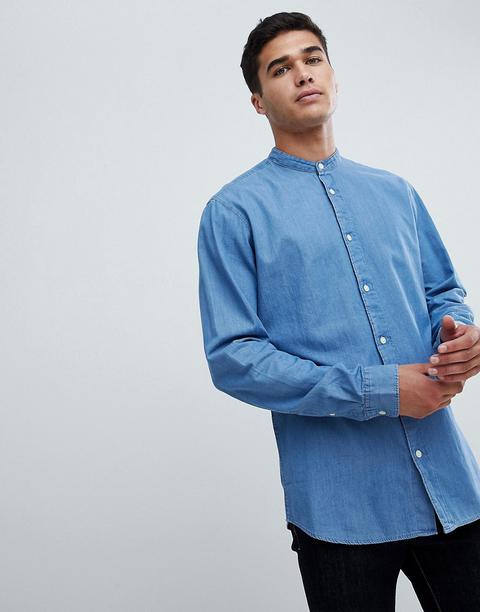 Selected Homme - Camicia Slim In Chambray Con Colletto Alla Coreana - Blu