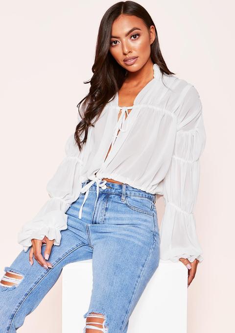 Matilda White Tie Sheer Ruched Blouse