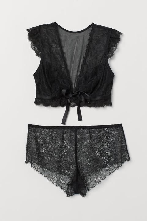 H & M - Reggiseno-top E Shorts Pizzo - Nero