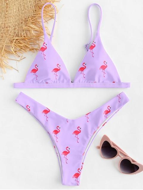 Zaful High Cut Flamingo Bikini Bright Yellow Light Sky Blue Mauve