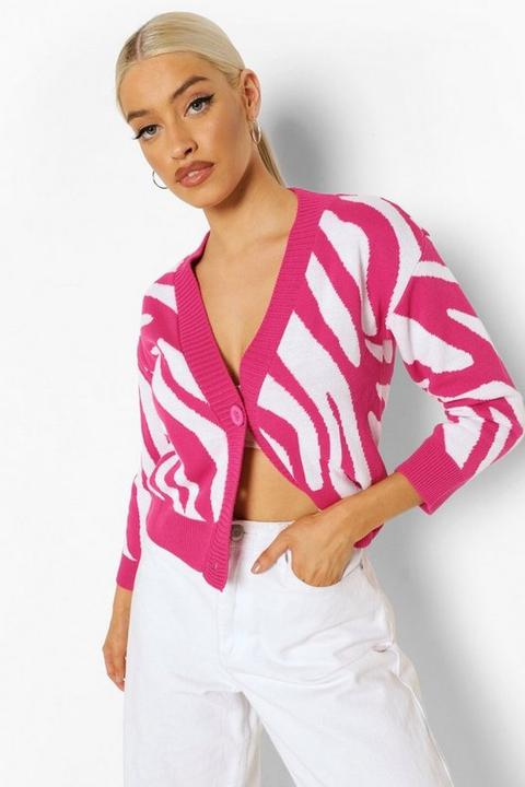 Womens Zebra Print Crop Cardigan - Pink - L, Pink