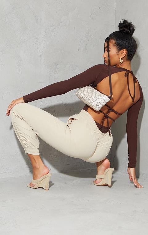 Chocolate Slinky Long Sleeve Back Tie Detail Bodysuit