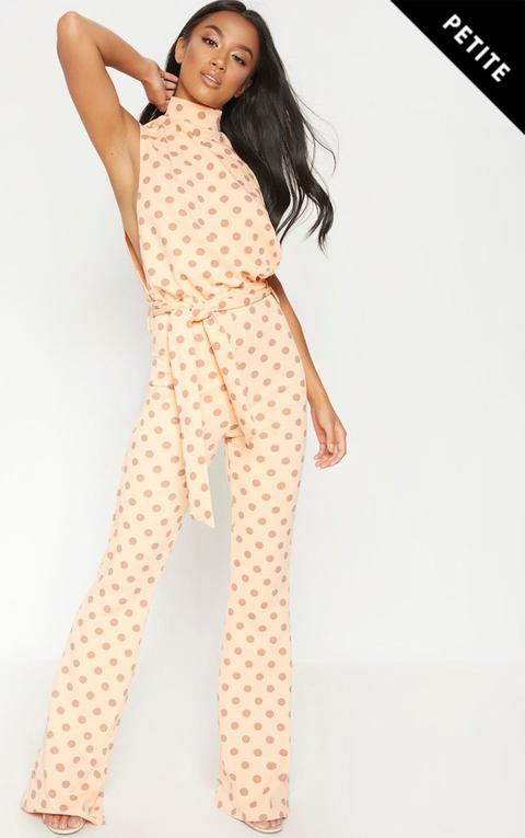 Petite Orange Polka Dot Scuba High Neck Tie Waist Jumpsuit