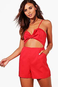 Petite Knot Front Cut Out Woven Playsuit