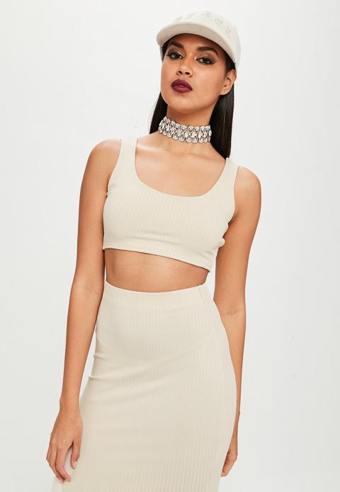 Carli Bybel X Missguided Nude Ribbed Crop Top, Grey