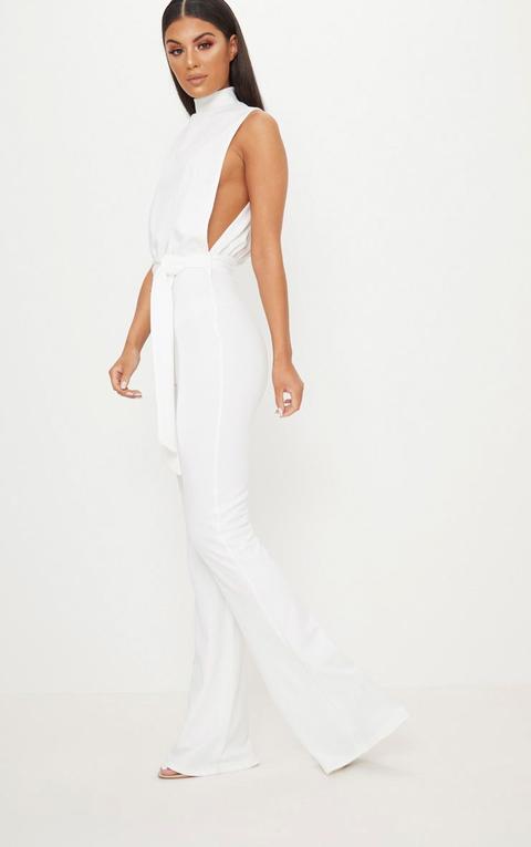 White Scuba High Neck Tie Waist Jumpsuit, White