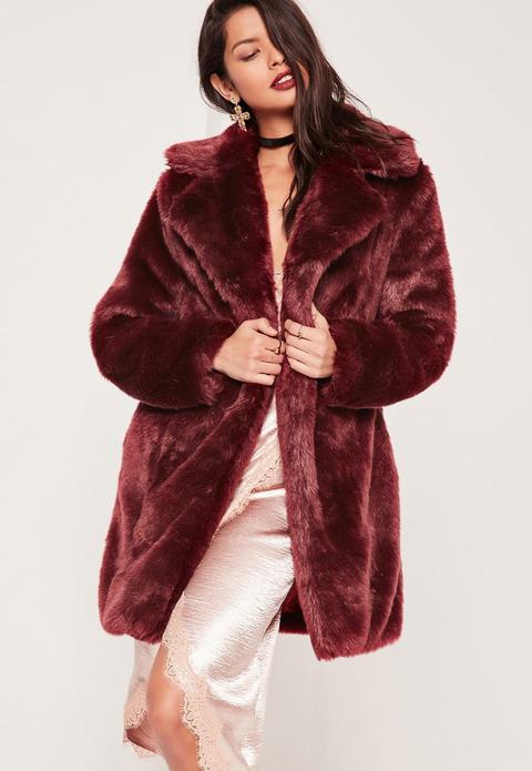 Oversized Collar Fur Coat Burgundy