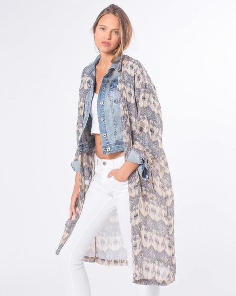 Kimono Largo Vaporoso Bolsillos Estampado Azteca Beige