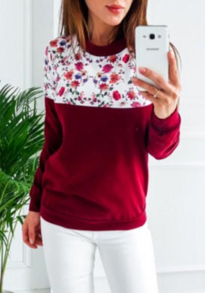 La Camiseta Estampado Floral Cuello Rojoondo Jersey Dacron Casuales Vino Tinto