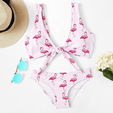 Set De Bikini Con Estampado De Flamencos Con Nudo Delantero