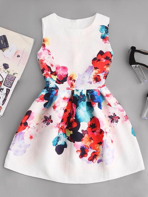 Jacquard Floral Box Pleated Dress