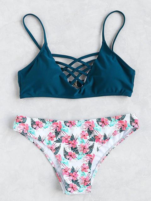 Crisscross V Neck Top With Floral Bottom