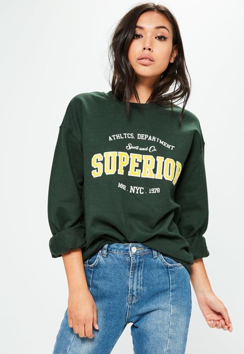 Green Washed Superior Slogan Sweatshirt