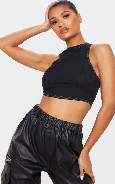 Black Contrast Seam Rib Racer Crop Top