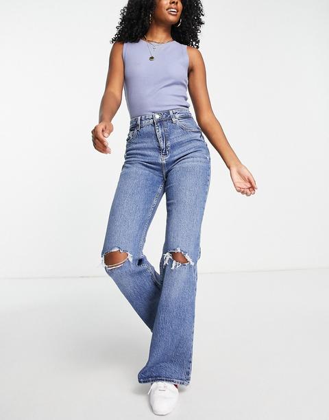 Bershka Rip Knee Flare Jean And Mid Blue