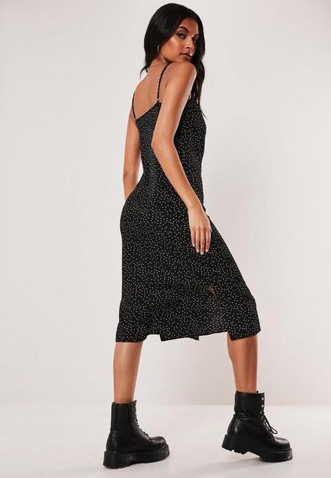 black polka dot cowl neck cami slip midi dress