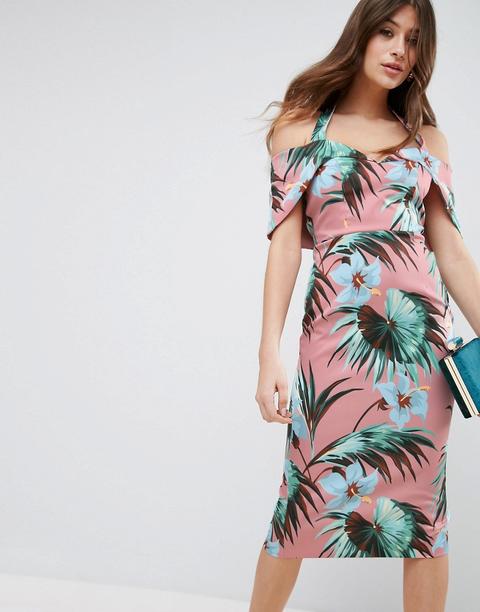 Vestido De Tubo Midi Con Cuello Bardot Halter Y Estampado Tropical De Asos