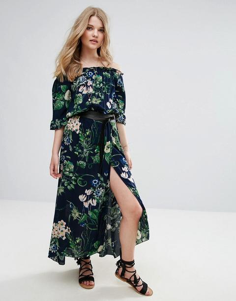 Qed London - Vestito Lungo A Fiori Con Spalle Scoperte - Navy