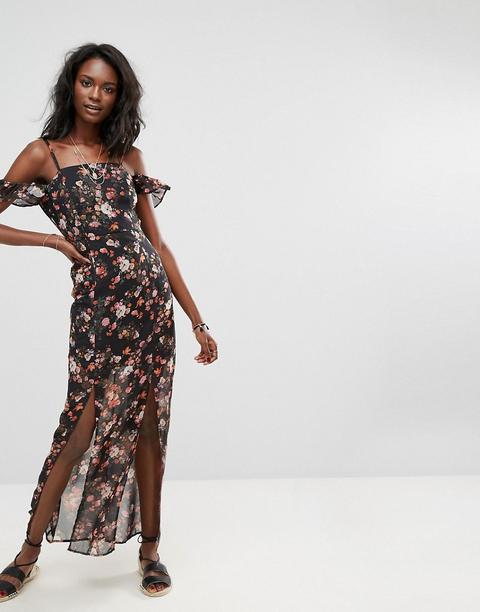 Boohoo - Vestito Lungo A Fiori Con Spalle Scoperte - Nero