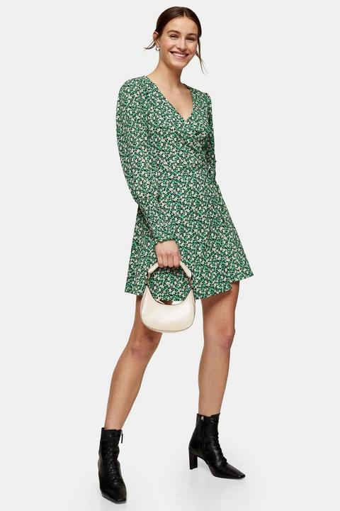 Green Floral Print Wrap Jersey Mini Dress