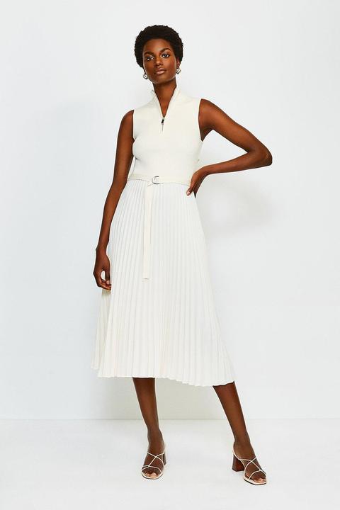 Karen Millen Zip Roll/polo Neck Pleated Skirt Dress -, Cream