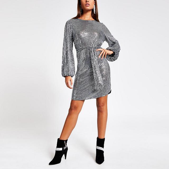 Silver Sequin Long Puff Sleeve Belted ...