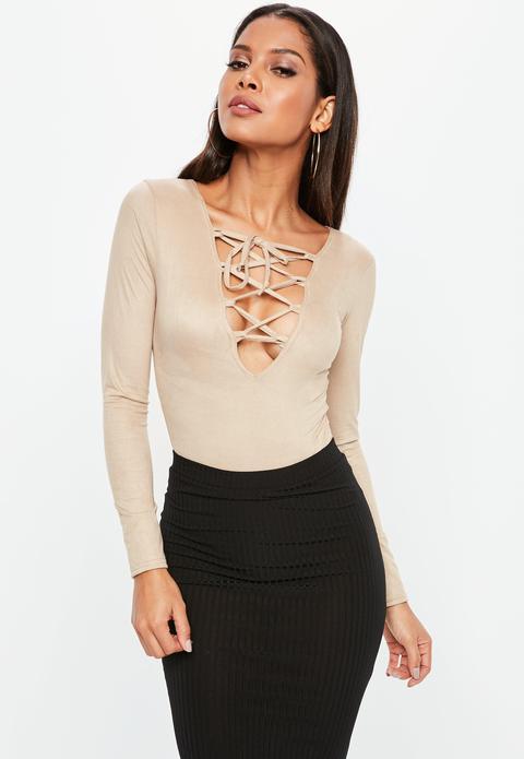 Nude Faux Suede Lace Up Long Sleeve Bodysuit
