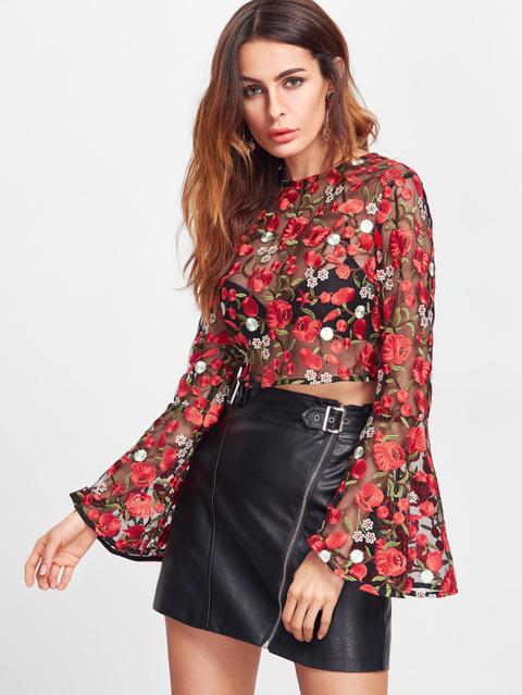 Top De Malla Manga Acampanada Con Estampado Floral - Rojo