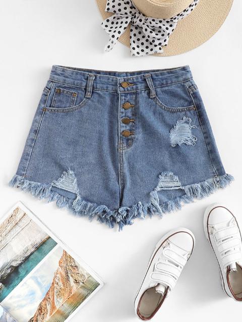 Single Breasted Ripped Raw Hem Denim Shorts