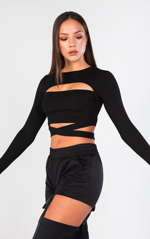 Long Sleeve Front Cut Out Back Tie Ribbed Crop Top