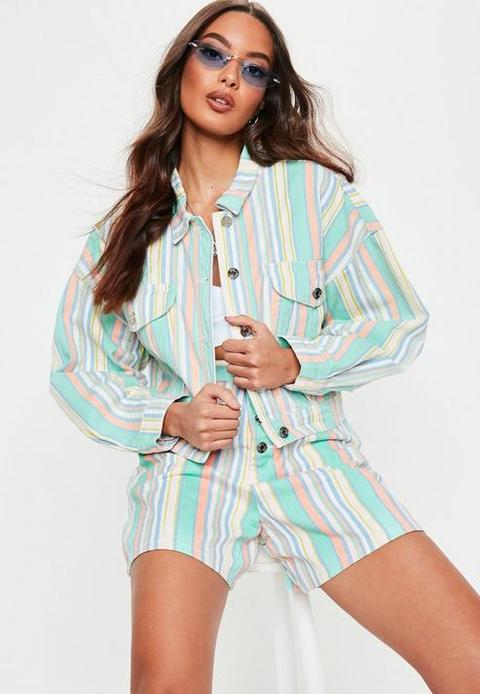 Green Pastel Stripe Cropped Denim Co Ord Jacket, Green