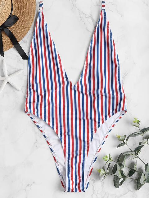 Plunge Striped High Cut Swimsuit