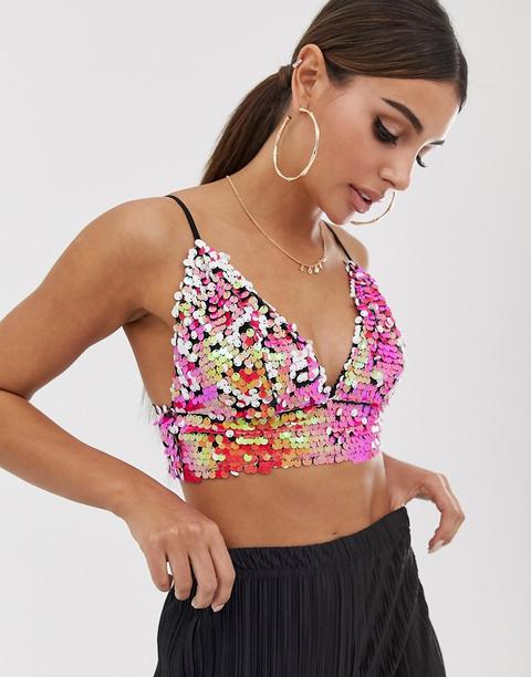 Prettylittlething Festival Sequin Bralet In Orange And Pink