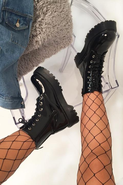 Black Patent Chunky Biker Boots - Adaliz