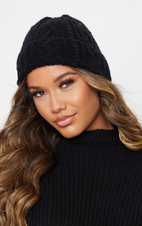 Black Cable Knit Turn Up Beanie Hat